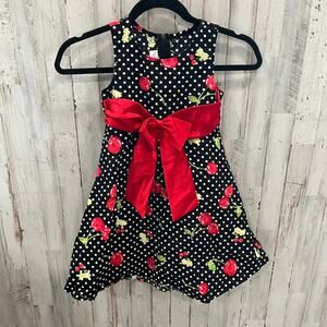 Ashley Ann Black Red Polka Bow Full Skirt Dress Cherry Fruit Flowers Girls 5